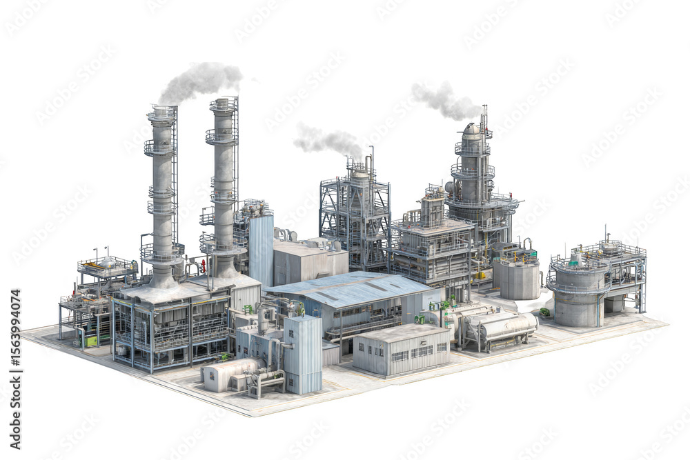 Obraz premium Industrial complex showcases a sprawling factory with smokestacks, conveying a sense of industry and manufacturing against a transparent background.