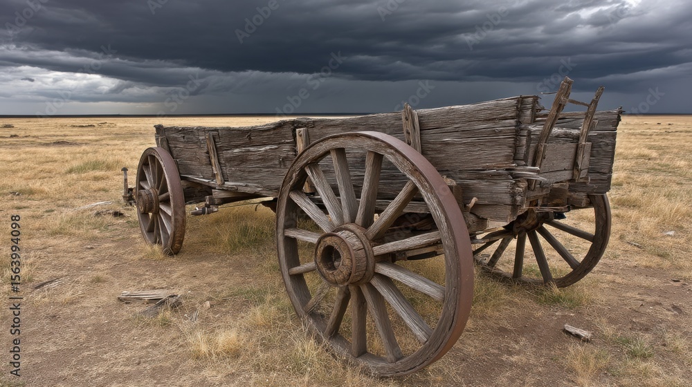Fototapeta premium An old wooden wagon sits abandoned in a vast open field under dark stormy clouds