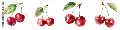 Set of watercolor style red cherries with green leaves isolated on transparent background

