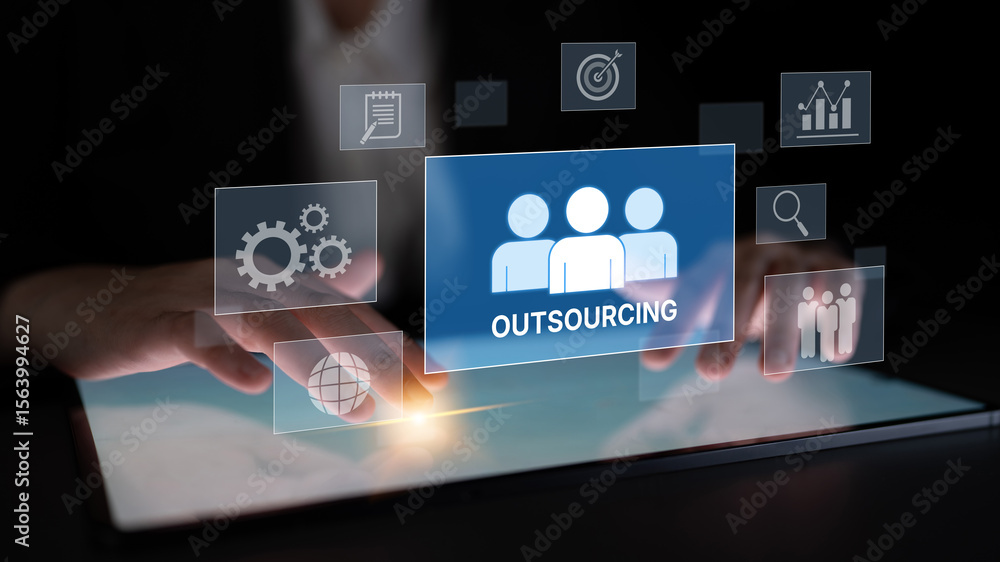 Fototapeta premium Outsourcing concept showing collaboration, delegation, global workforce, productivity, and task management through remote teams and external service providers Latch