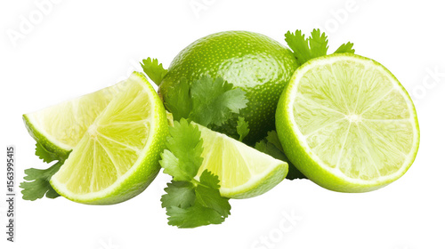 Fresh lime wedges and whole lime with cilantro leaves isolated on transparent background