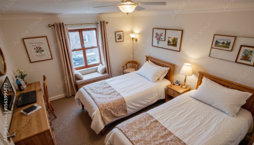 Cozy Bedroom with Two Twin Beds and Natural Light Streaming Through a Window Cozy Bedroom with Two Twin Beds and Natural Light Streaming Through a Window
