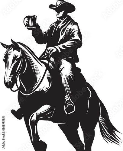 Cowboy on a Bucking Horse Holding a Mug of Beer Silhouette Vector Illustration on Transparent Background
