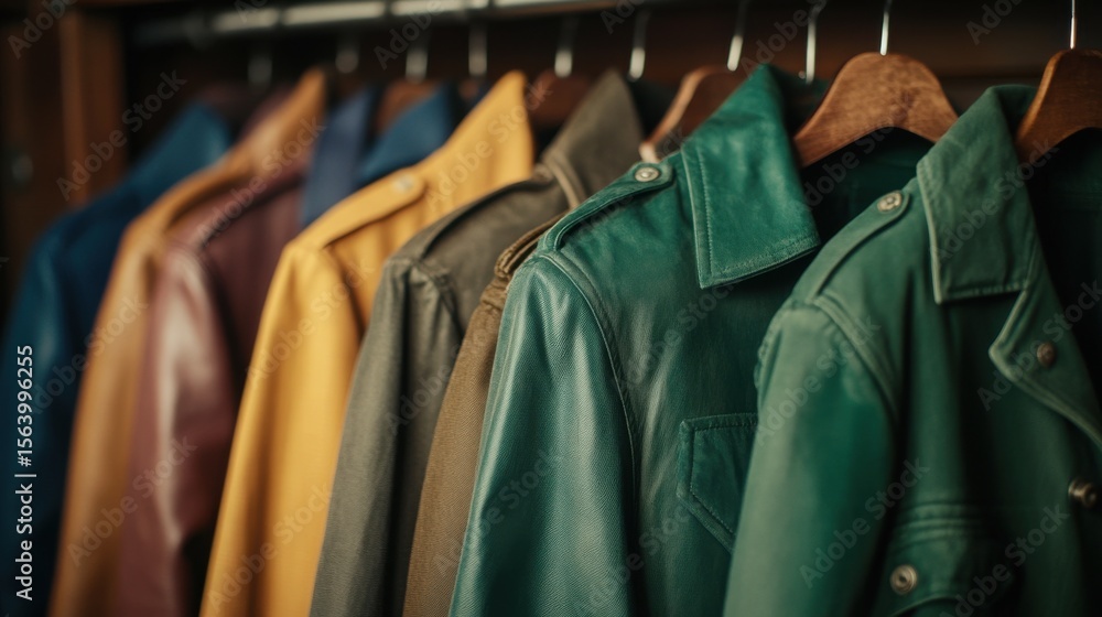 Obraz premium Leather Coats: A vibrant array of outerwear hangs neatly, colors ranging from blue to shades of green, displayed on wooden hangers in an organized fashion.