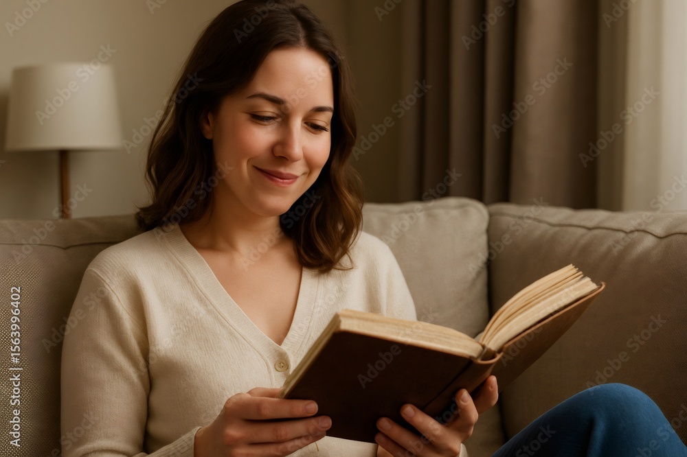 Young woman smiling while reading a book, comfortably sitting on a sofa in her living room, enjoying a moment of relax Young woman smiling while reading a book, comfortably sitting on a sofa in her living room, enjoying a moment of relax