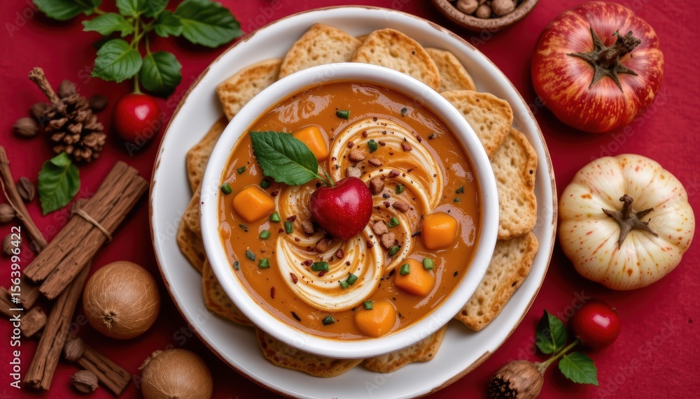 Delicious Pumpkin Soup Served in a White Bowl Surrounded by Fall Ingredients and Spices Delicious Pumpkin Soup Served in a White Bowl Surrounded by Fall Ingredients and Spices
