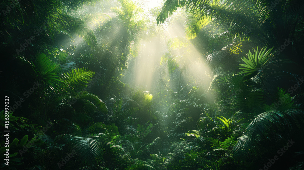 Sunlight streams through lush jungle canopy Sunlight streams through lush jungle canopy