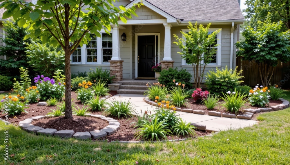 Fototapeta premium Charming Front Yard Garden with Colorful Flowers and Lush Greenery Surrounding a Welcoming Home