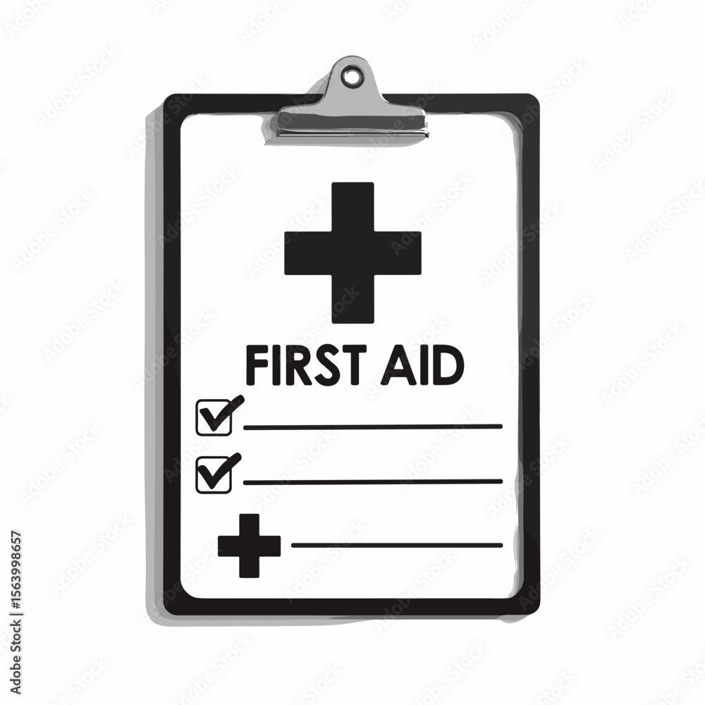Obraz premium First aid checklist on clipboard. Important first aid instructions and medical symbols. First aid kit preparation guide includes check boxes and plus signs. 