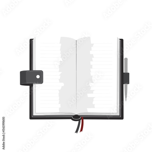 Blank notebook with pen mockup, open pages ready for notes and sketches. Stylish black notebook with leather strap and ribbon bookmark. Ideal design for branding, stationery catalog