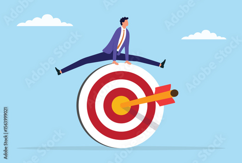 Vector illustration of a businessman jumping over a target sign, symbolizing going beyond goals, taking bold leaps, and striving for higher success in business and personal growth
