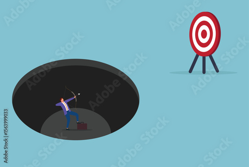 Vector illustration of a businessman aiming to hit a target from inside a dark hole, representing determination, overcoming adversity, and striving for success against the odds
