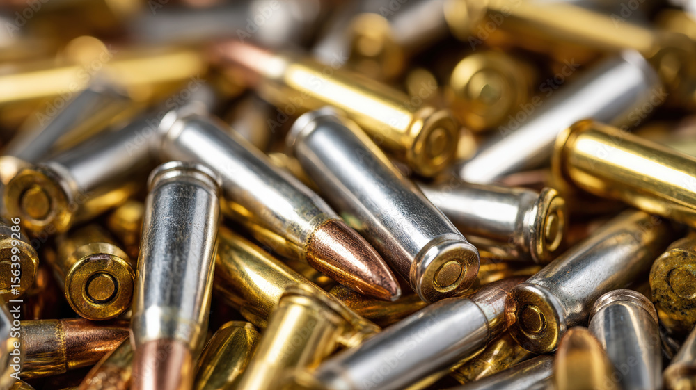 Naklejka premium Closeup of Shiny Metallic Bullets and Cartridges in Pile Representing Ammunition, War, and Tactical Combat