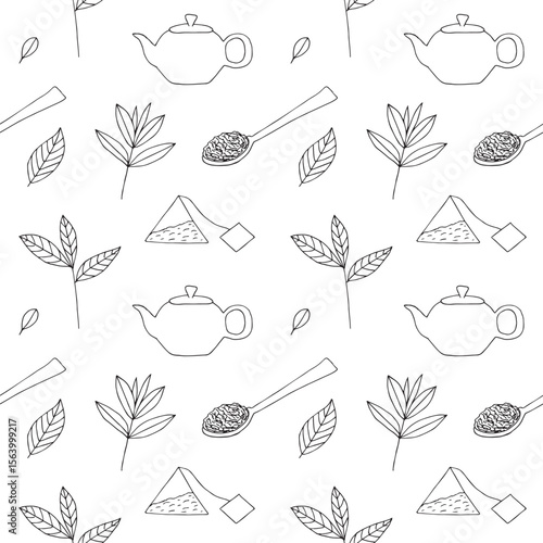 Seamless tea pattern, hand drawn, vector illustration