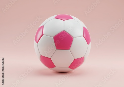 A pink and white soccer ball rests on a soft pink background