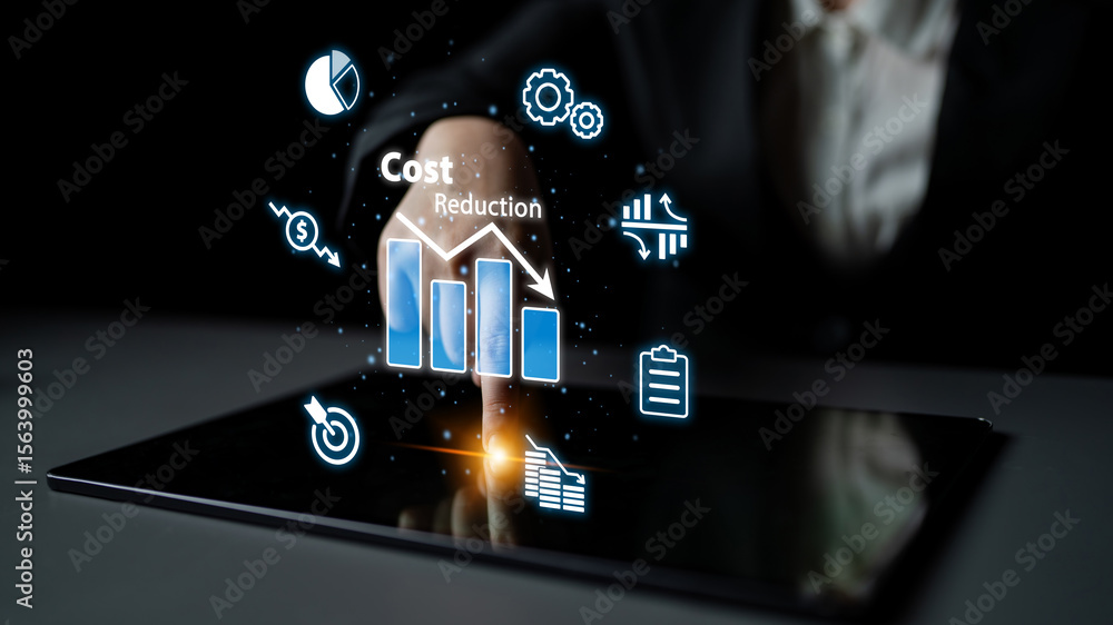 Fototapeta premium Digital transformation cuts costs through process optimization, resource efficiency, and financial savings for long-term business success. Latch