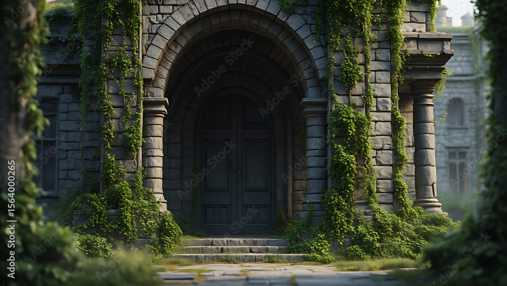 Fototapeta premium Overgrown Stone Archway Entrance to Dark Wooden Double Doors Old