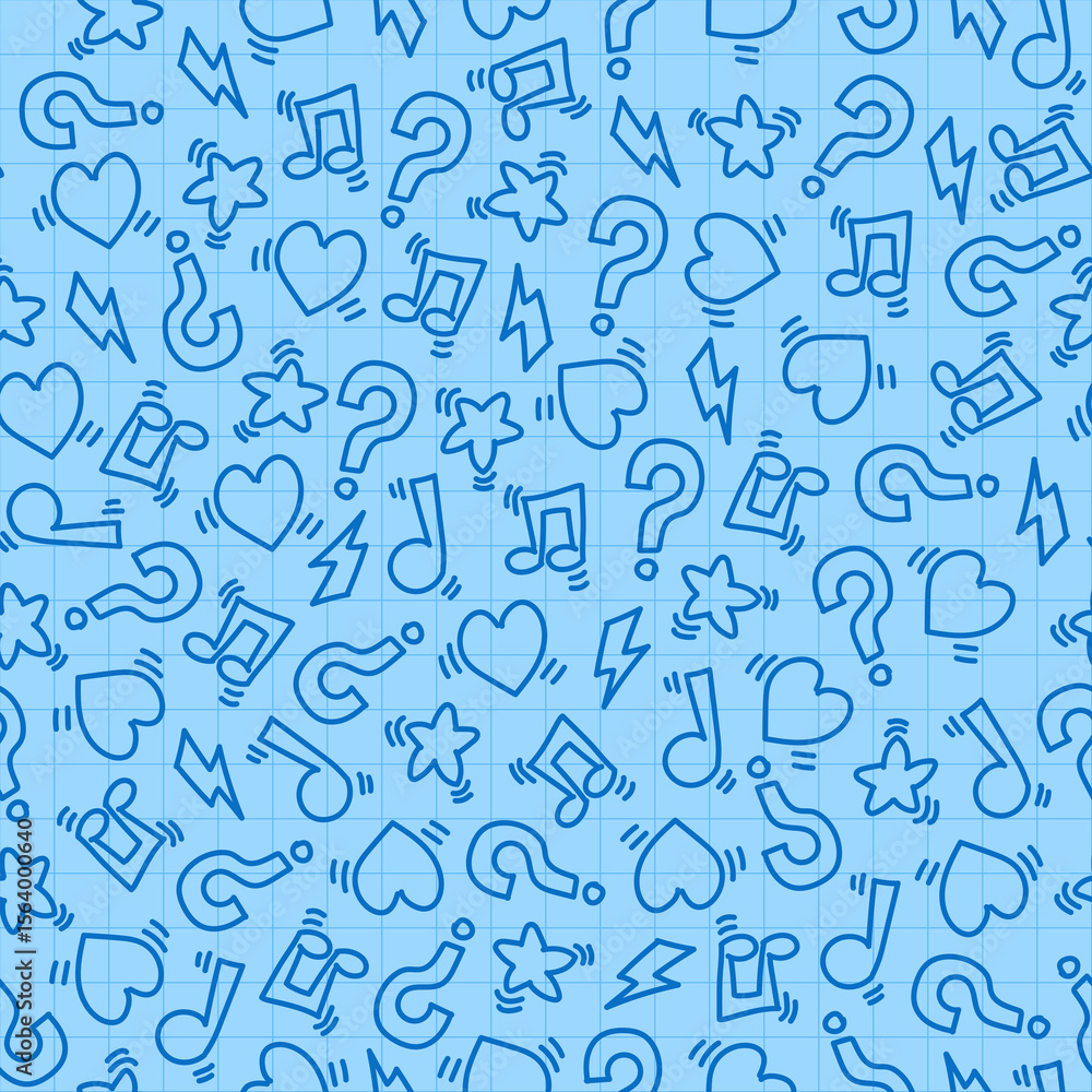 Seamless pattern of linear elements of hearts, lightning bolts and signs on a checkered background like in a back to school notebook Seamless pattern of linear elements of hearts, lightning bolts and signs on a checkered background like in a back to school notebook