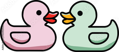 Two cute cartoon rubber ducks facing each other in pink and green
