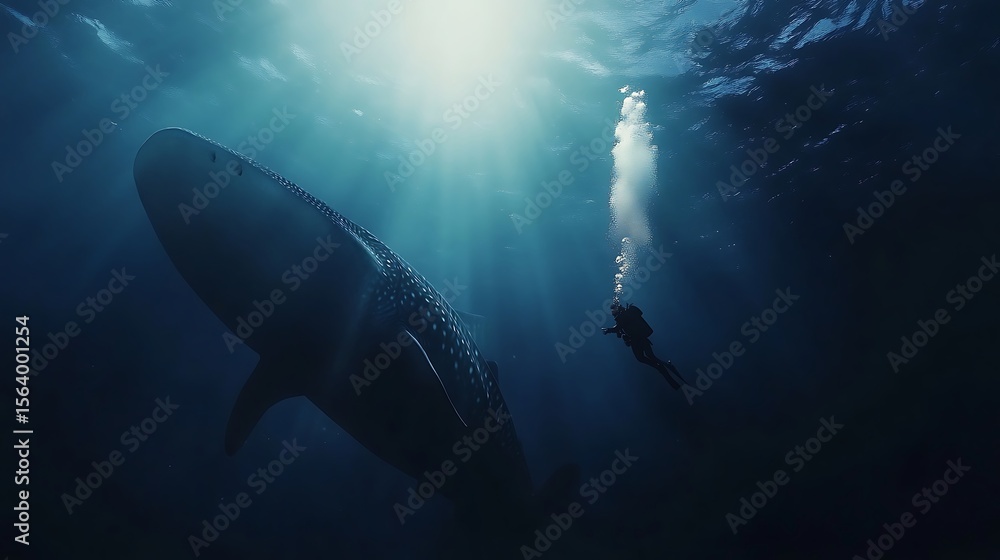 Fototapeta premium Playful dolphin greets diver in serene blue ocean high resolution picture