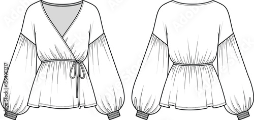 Elegant blouse fashion sketch, puff sleeves, wrap front design, tie waist, trendy women's top, stylish illustration, clothing concept, apparel drawing