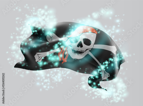 Pirate, vector 3d flag in whirlwind of magical radiance