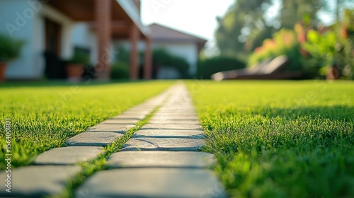 Wallpaper Mural Inviting stone pathway leads through lush green lawn toward a home, evoking a sense of welcome and tranquility. Perfect suburban landscape. Torontodigital.ca
