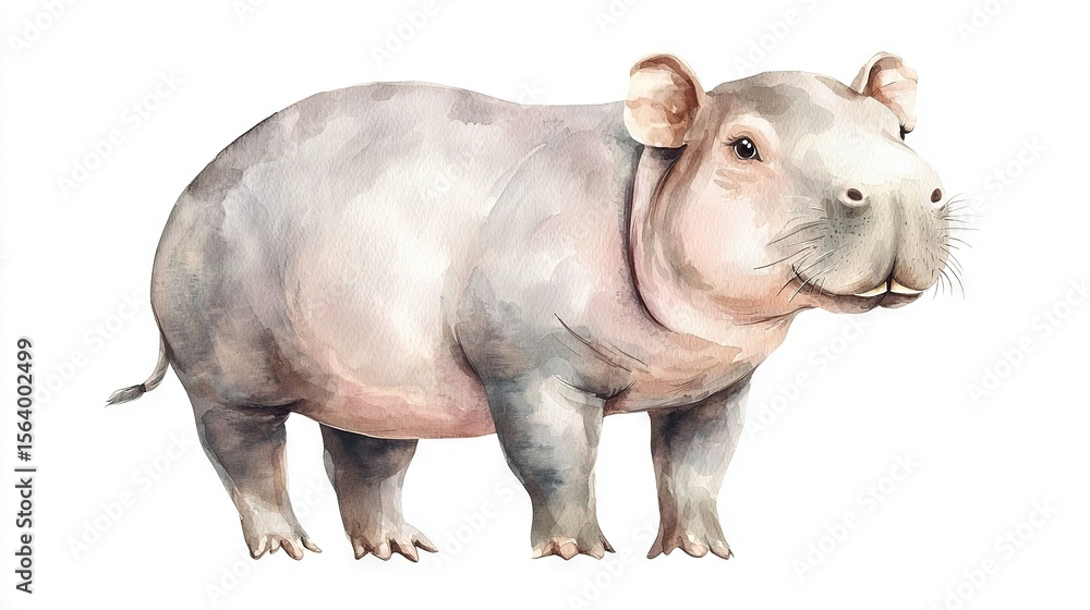 Obraz premium A watercolor depiction of a hippo set against a blank canvas and gazing towards the lens