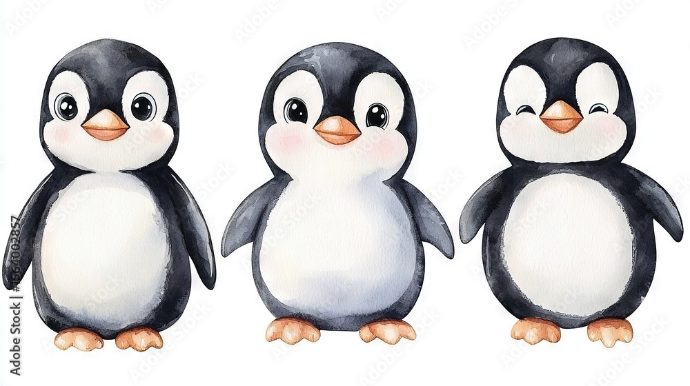 Naklejka premium A group of three penguins sitting together on a white surface against a white background