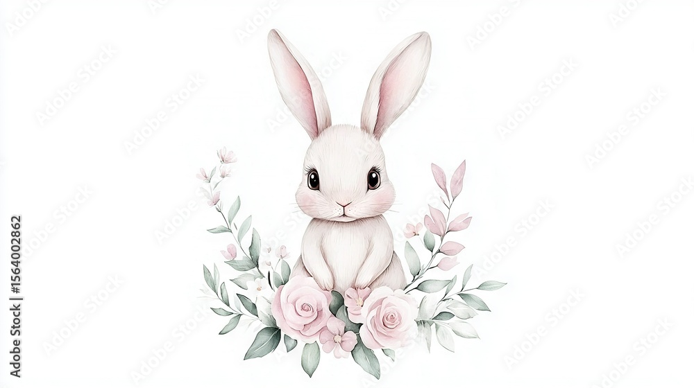 Watercolor art of a white bunny amidst pink roses & greenery, featuring a prominent pink rose at center Watercolor art of a white bunny amidst pink roses & greenery, featuring a prominent pink rose at center