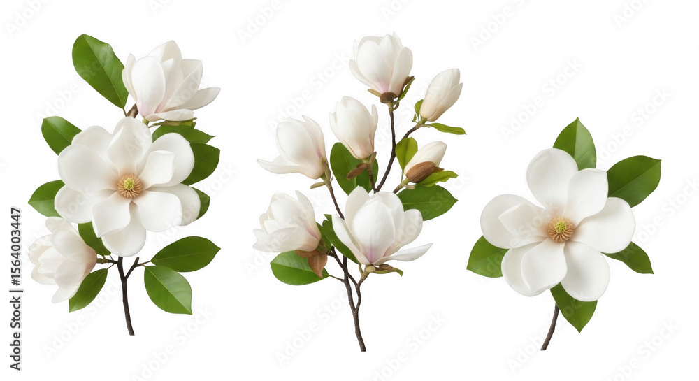 Obraz premium Beautiful Magnolia Flowers with Green Leaves for Floral Arrangements and Decor, isolated on a transparent background