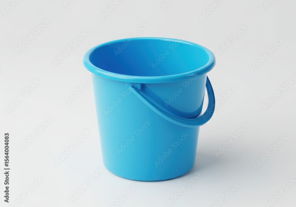 A bright blue plastic bucket with a sturdy handle on a white background A bright blue plastic bucket with a sturdy handle on a white background
