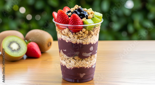 Layered açaí parfait in cup with granola, strawberry, kiwi, and blueberry on wooden table.

