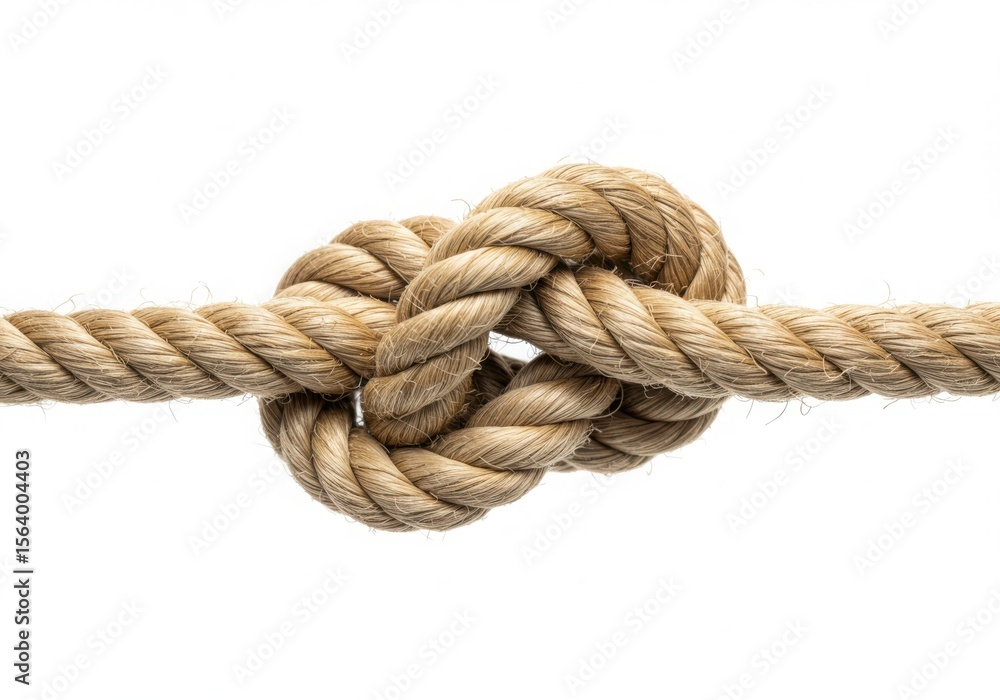 Thick natural fiber rope tied in a secure knot on white background Thick natural fiber rope tied in a secure knot on white background