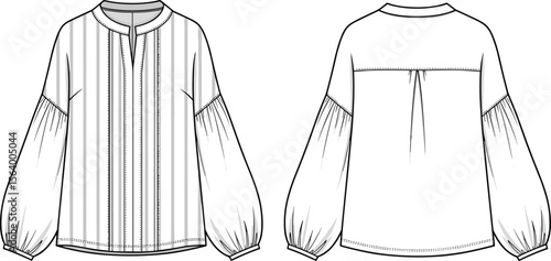 Striped blouse sketch, round neckline with slit, puffed long sleeves, gathered cuffs, back yoke with pleat, fashion illustration design