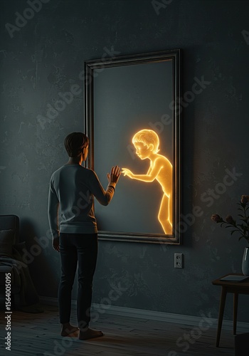 Person connecting with their luminous inner child in a mirror, a concept of self-reflection, healing, nostalgia, and confronting the past.