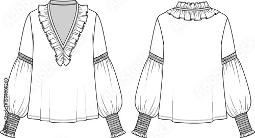 Blouse sketch illustration, V-neckline with ruffle trim, puffed sleeves, gathered cuffs, back ruffled collar, front back views, fashion design drawing