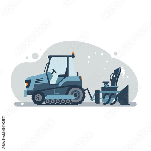 Snow removal tractor with snow blower attachment on snowy background, vector illustration