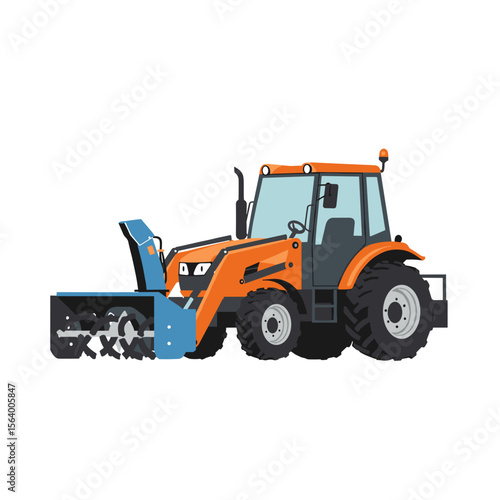 Snow removal tractor with snow blower attachment, vector icon