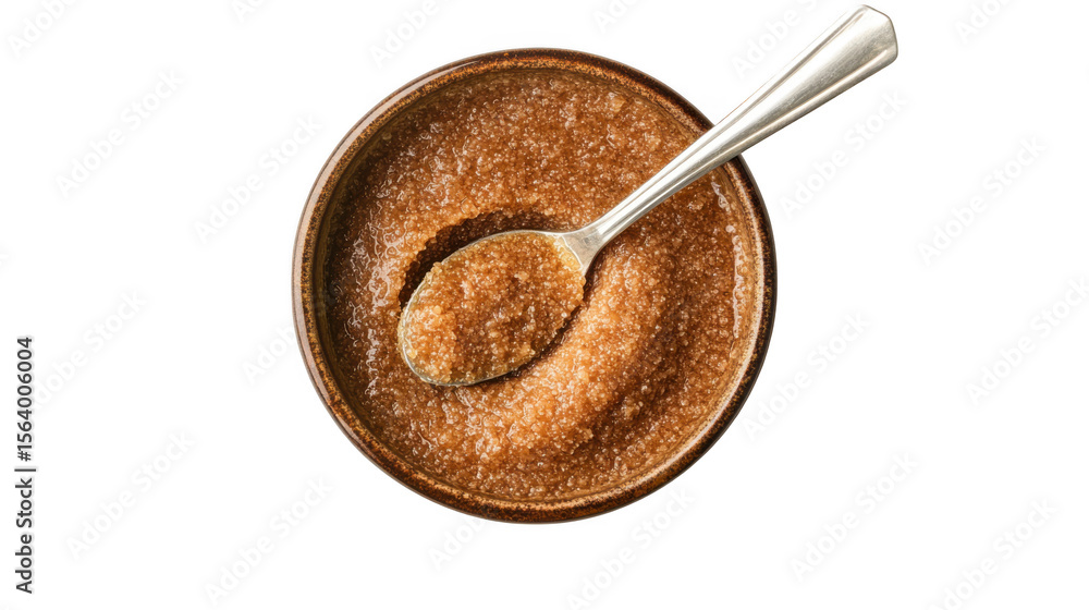 Fototapeta premium Top view of a bowl of brown sugar scrub with a spoon isolated on transparent background