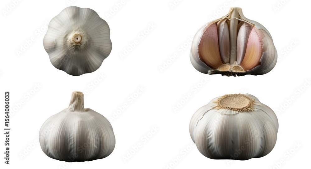 Fototapeta premium Artistic Close-up of Garlic Bulbs Displaying Their Unique Textures, Shapes, and Natural Beauty in Culinary Applications, isolated on a transparent background
