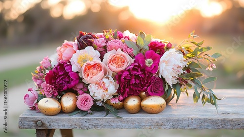   A wooden bench holds a bouquet of flowers as the sun sets behind it