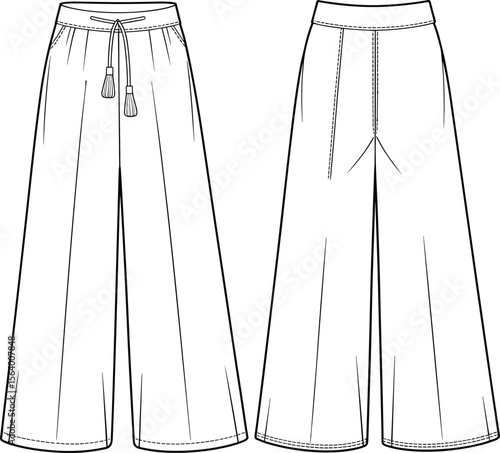 Wide-Leg Pants Flat Sketch – Tassel Drawstring Waist, Fashion CAD of High-Waisted Flowy Trousers with Back Yoke Detail