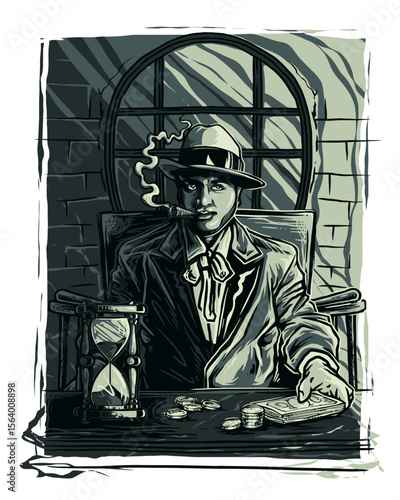 Vintage gangster illustration with cigar money and hourglass mafia boss retro style old fashioned artwork Vector EPS 