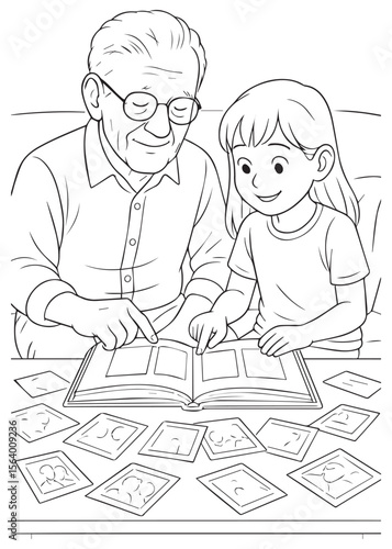 Coloring book grandpa showing photo album to granddaughter.