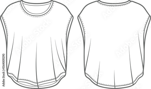 Women's Cap Sleeve Relaxed Fit T-Shirt – Fashion Flat Sketch with Curved Hem, Soft Draping, and Scoop Neck Detail