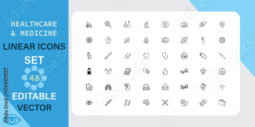 A collection of 48 editable vector linear icons related to healthcare and medicine. Includes symbols for various medical tools, procedures, and concepts.