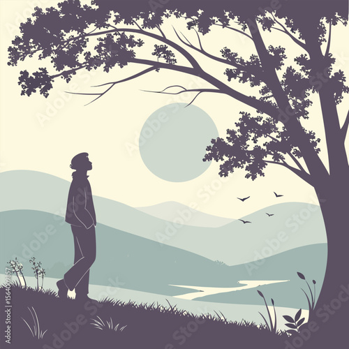 Nature scene with tree and fullmoon at night and Digital art moon and tree and man