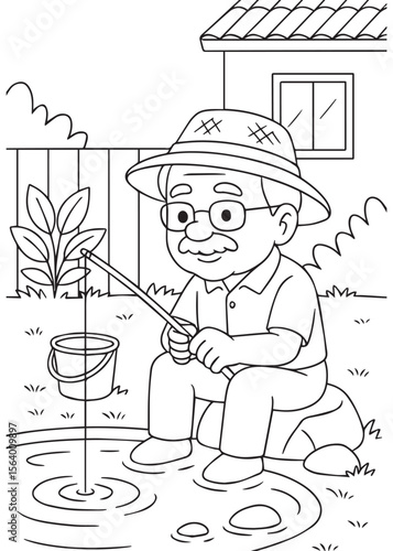 Coloring book grandpa fishing near backyard pond.