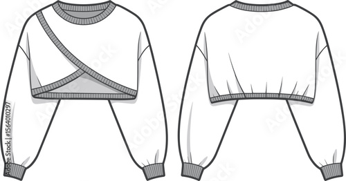 Cropped Crossover Sweatshirt Flat Sketch – Asymmetrical Hem, Ribbed Cuffs and Neck, Balloon Sleeves – Fashion Technical Drawing